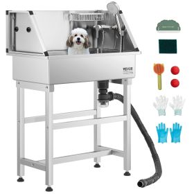 VEVOR 34 Inch Stainless Steel Dog Washing Station, Pet Grooming Tub with Hot & Cold Faucet, Showerhead, Storage Rack, No-Bend All-in-One Bathtub, Hom)