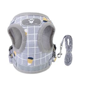 Pet Mesh Harness Dog Leash Set Reflective Chest Strap Adjustable Puppy Vest For Puppies Breeds Dogs Cats Walking Outdoor (Option: GreyCheckered_XL)