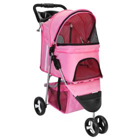3 Wheels Pet Stroller Foldable Carrier Strolling Cart Travel Jogger Pet Stroller with Removable Liner Storage Basket for Dog Cat (Option: Pink)