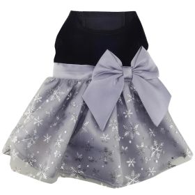 Holiday Dog Harness Dress (Color: Black Velvet with Gray Snowflake Skirt, size: large)